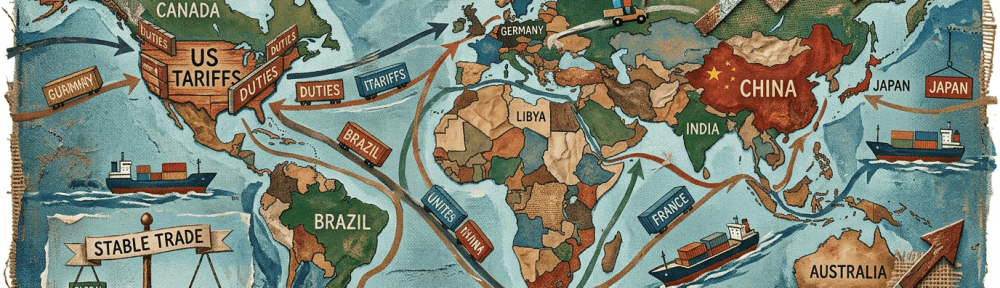 World map highlighting trade routes and tariffs between countries including US, China, Brazil, Germany, India, Japan, and Australia