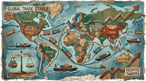 World map highlighting trade routes and tariffs between countries including US, China, Brazil, Germany, India, Japan, and Australia