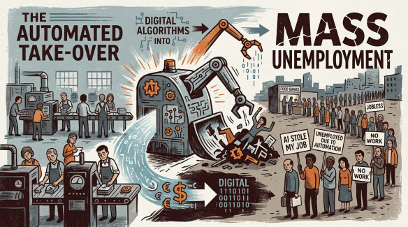 Illustration of workers displaced by AI automation causing mass unemployment and long food bank lines.